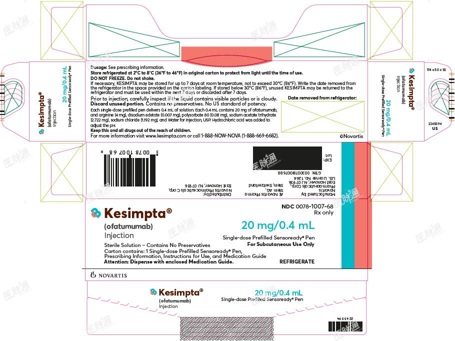 PRINCIPAL DISPLAY PANEL
							NDC 0078-1007-68 
							Rx only
							Kesimpta? (ofatumumab) Injection
							20 mg/0.4 mL
							Single-dose Prefilled Sensoready? Pen For Subcutaneous Use Only
							Sterile Solution - Contains No Preservatives
							Carton contains: 1 Single-dose Prefilled Sensoready ? Pen,
							Prescribing Information, Instructions for Use, and Medication Guide
							Attention: Dispense with enclosed Medication Guide.
							REFRIGERATE
							NOVARTIS