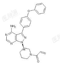 The following structure for Ibrutinib is kinase inhibitor. It is a white to off-white solid with the empirical formula C25H24N6O2 and a molecular weight 440.50. Ibrutinib is freely soluble in dimethyl sulfoxide, soluble in methanol and practically insoluble in water. The chemical name for ibrutinib is 1-[(3R)-3-[4-amino-3-(4-phenoxyphenyl)-1H-pyrazolo[3,4 d]pyrimidin-1-yl]-1-piperidinyl]-2-propen-1-one and has