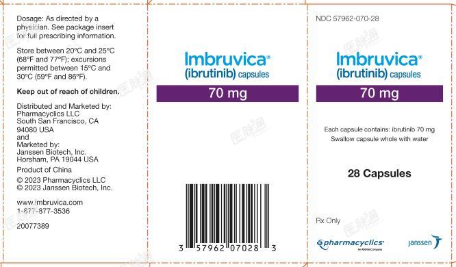 NDC 57962-070-28
Imbruvica?
(ibrutinib) capsules
70 mg
Each capsule contains: ibrutinib 70 mg
Swallow capsules whole with water
28 Capsules
Rx Only
pharmacyclics?
An AbbVie Company
janssen