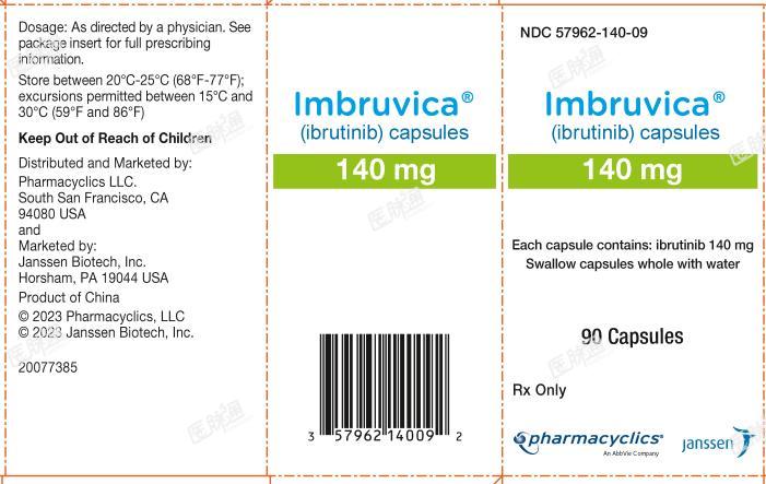 NDC 57962-140-09
Imbruvica?
(ibrutinib) capsules
140 mg
Each capsule contains: ibrutinib 140 mg
Swallow capsules whole with water
90 Capsules
Rx Only
pharmacyclics?
An AbbVie Company
janssen