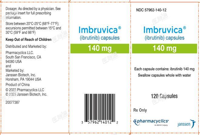 NDC 57962-140-12
Imbruvica?
(ibrutinib) capsules
140 mg
Each capsule contains: ibrutinib 140 mg
Swallow capsules whole with water
120 Capsules
Rx Only
pharmacyclics?
An AbbVie Company
janssen