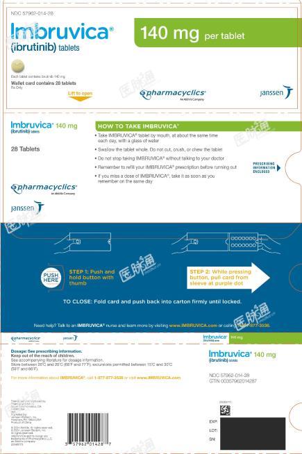 PRINCIPAL DISPLAY PANEL - 28 Tablet Blister Carton
NDC 57962-014-28
Imbruvica?
(ibrutinib) tablets
140 mg per tablet
Each tablet contains ibrutinib 140 mg
Wallet card contains 28 tablets
Rx Only
pharmacyclics?
An AbbVie Company
janssen