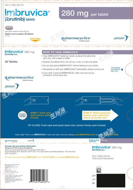 PRINCIPAL DISPLAY PANEL - 28 Tablet Blister Carton
NDC 57962-280-28
Imbruvica?
(ibrutinib) tablets
280 mg per tablet
Each tablet contains ibrutinib 280 mg
Wallet card contains 28 tablets
Rx Only
pharmacyclics?
An AbbVie Company
janssen