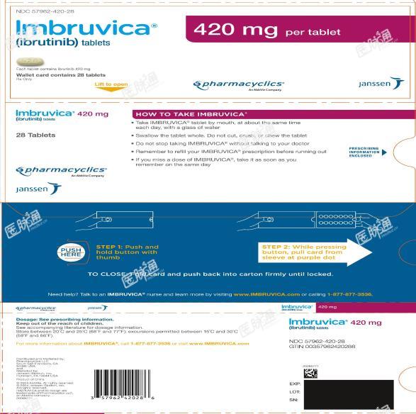 PRINCIPAL DISPLAY PANEL - 28 Tablet Blister Carton
NDC 57962-420-28
Imbruvica?
(ibrutinib) tablets
420 mg per tablet
Each tablet contains ibrutinib 420 mg
Wallet card contains 28 tablets
Rx Only
pharmacyclics?
An AbbVie Company
janssen
