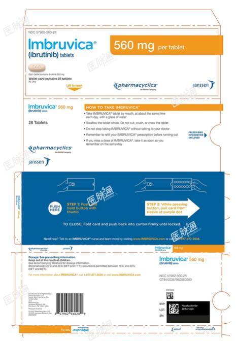 NDC 57962-560-28
Imbruvica?
(ibrutinib) tablets
560 mg per tablet
Each tablet contains ibrutinib 560 mg
Wallet card contains 28 tablets
Rx Only
pharmacyclics?
An AbbVie Company
janssen